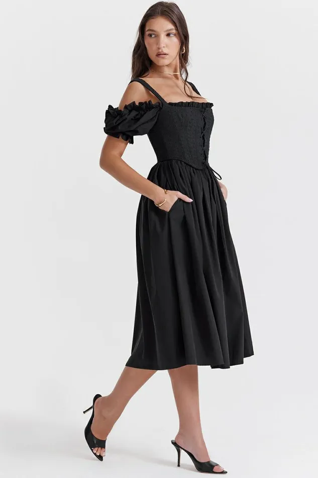 Women Silvana Black Puff Sleeve Midi Sundress House Of CB Dresses