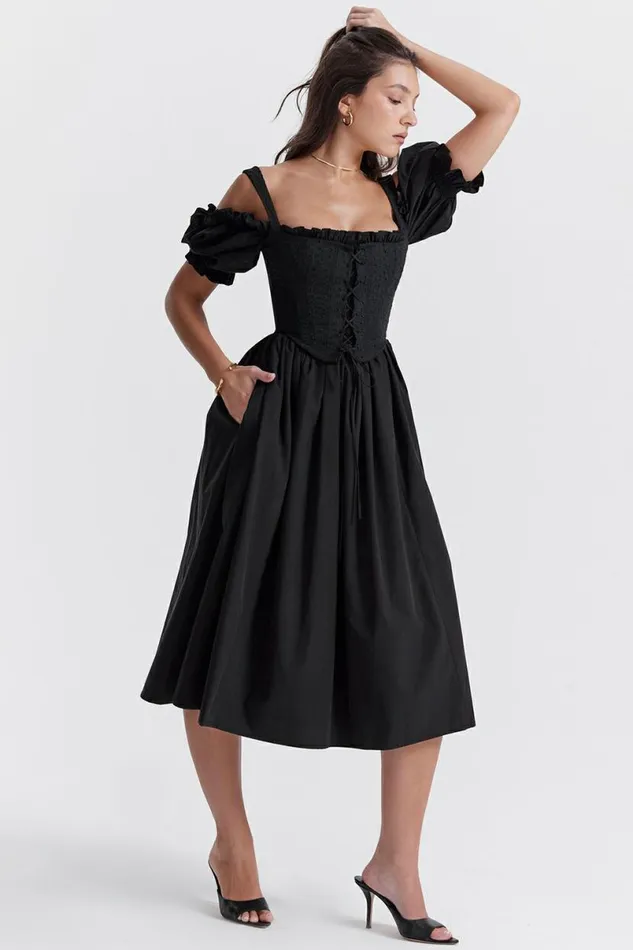 Women Silvana Black Puff Sleeve Midi Sundress House Of CB Dresses