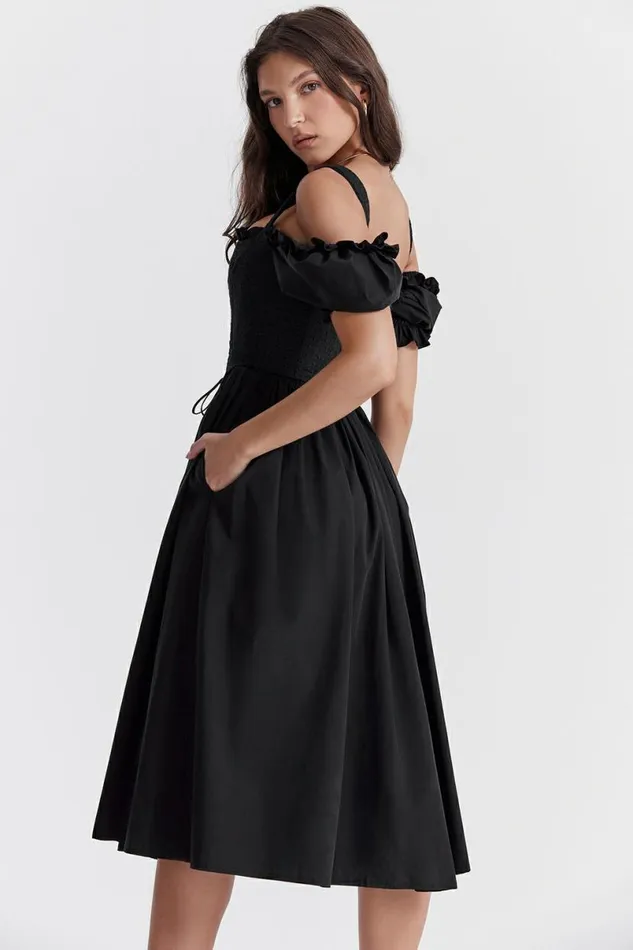 Women Silvana Black Puff Sleeve Midi Sundress House Of CB Dresses