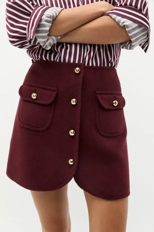 Women Skirts Seed Heritage Wool Blend Button Mini Plum Red