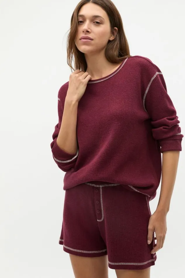 Women Sleepwear Seed Heritage Contrast Long Sleeve And Short PJ Set Plum Red Marle