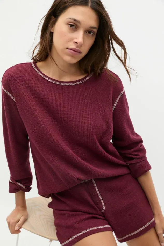Women Sleepwear Seed Heritage Contrast Long Sleeve And Short PJ Set Plum Red Marle