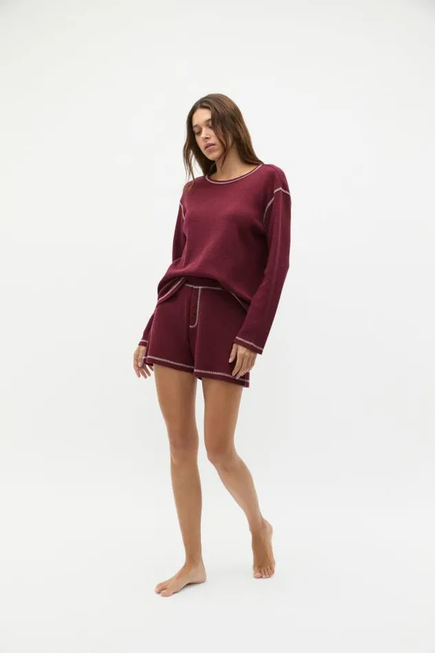 Women Sleepwear Seed Heritage Contrast Long Sleeve And Short PJ Set Plum Red Marle