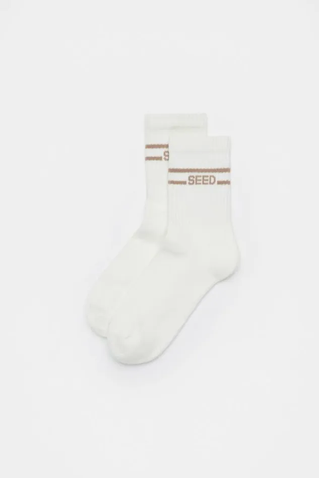 Women Socks and Tights Seed Heritage Stripe Logo 14 Crew Sock Cream Cookie