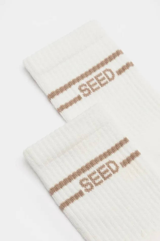 Women Socks and Tights Seed Heritage Stripe Logo 14 Crew Sock Cream Cookie