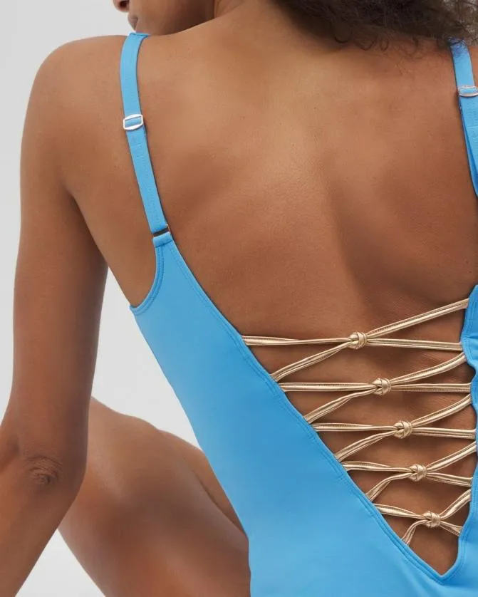 Women Soma One Piece Suits Bleu Rod Letu2019s Get Knotty LaceDown OnePiece Suit Lavoir Bleu