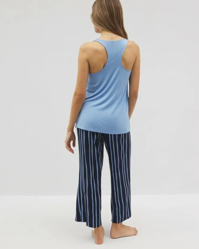 Women Soma Pajama Sets Cool Nights Tank Crop Pants Set Oasis Stripe Navy