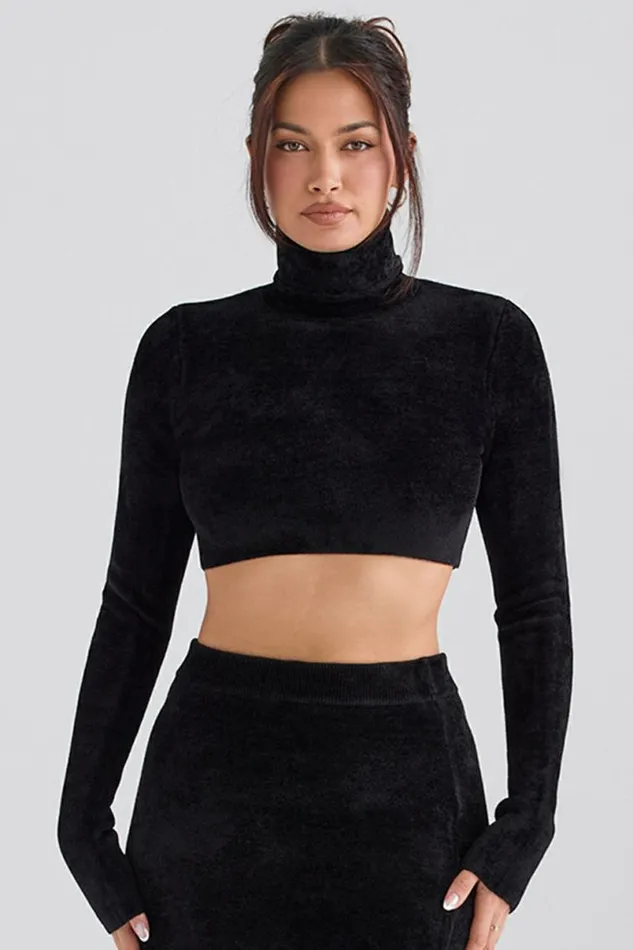 Women Suri Black Chenille Cropped Top House Of CB Tops