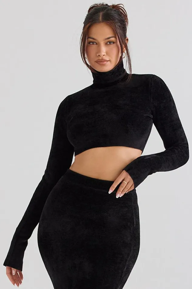 Women Suri Black Chenille Cropped Top House Of CB Tops