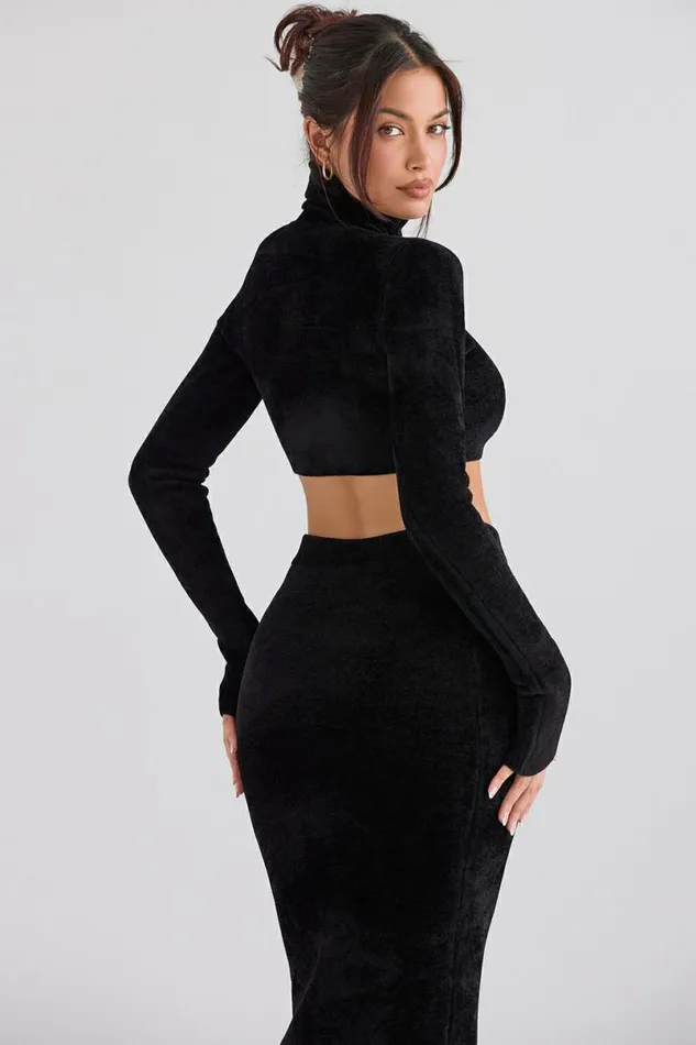 Women Suri Black Chenille Cropped Top House Of CB Tops