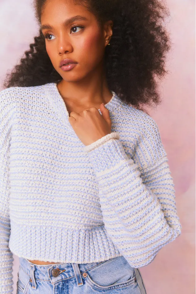 Women Sweaters LoveShackFancy Koa Cotton Stripe Pullover Sweater Ocean Pearl