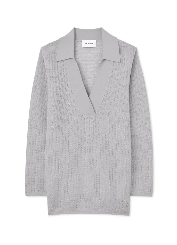 Women Sweaters St John Plaid Knit Collared Sweater Platinum