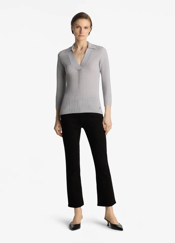Women Sweaters St John Plaid Knit Collared Sweater Platinum