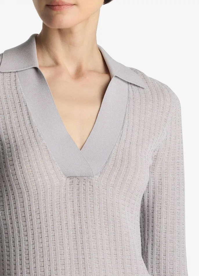 Women Sweaters St John Plaid Knit Collared Sweater Platinum