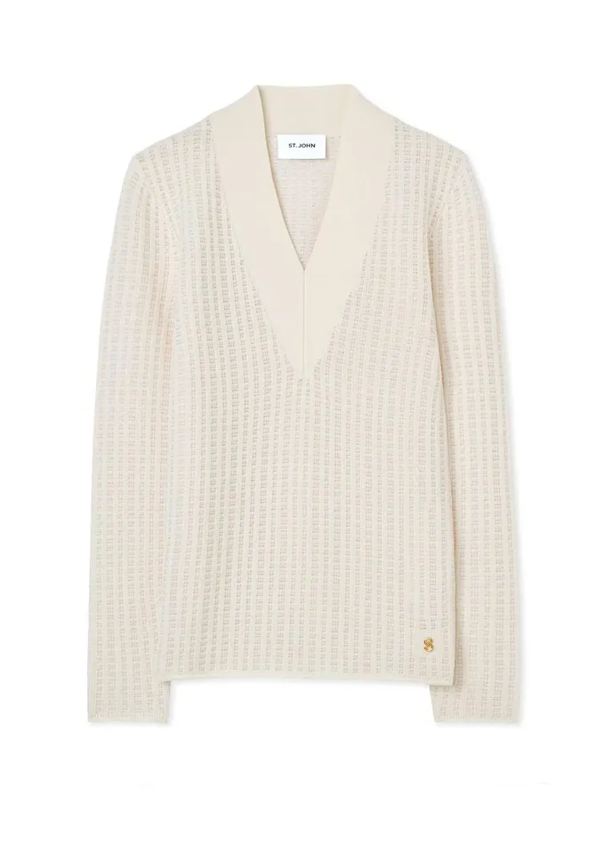 Women Sweaters St John Plaid Knit VNeck Sweater Ecru