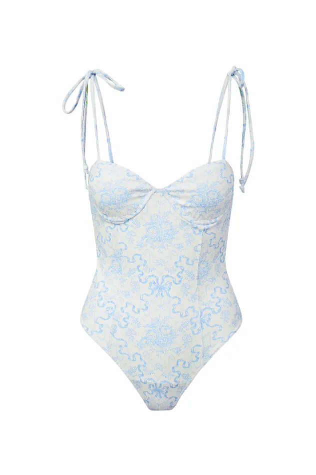Women Swim LoveShackFancy Chamomile Bow Print One Piece Swimsuit Blissful Blue Women Swim LoveShackFancy Chamomile Bow Print One Piece Swimsuit Blissful Blue