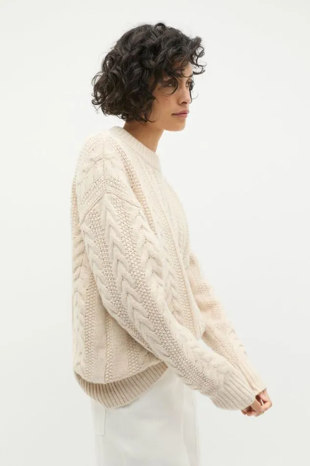 Women TShirts and Tops Seed Heritage Cable Slouch Crew Neck Knit Oat Marle