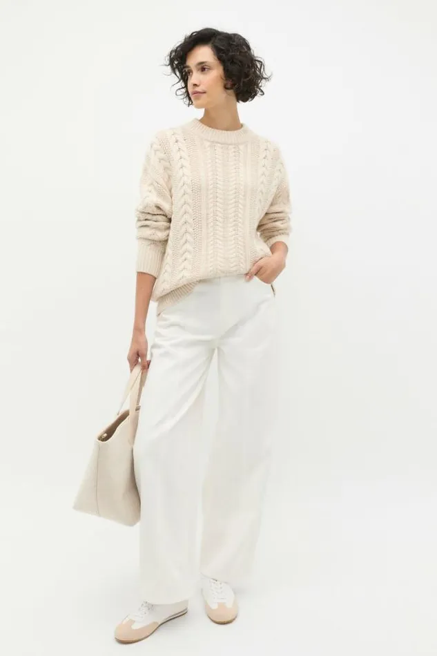 Women TShirts and Tops Seed Heritage Cable Slouch Crew Neck Knit Oat Marle