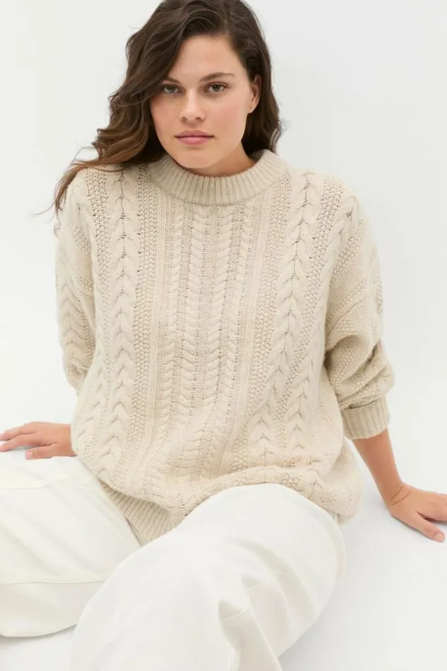 Women TShirts and Tops Seed Heritage Cable Slouch Crew Neck Knit Oat Marle