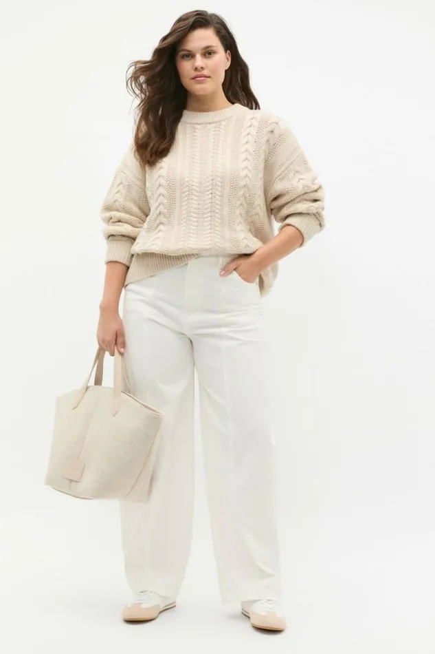 Women TShirts and Tops Seed Heritage Cable Slouch Crew Neck Knit Oat Marle
