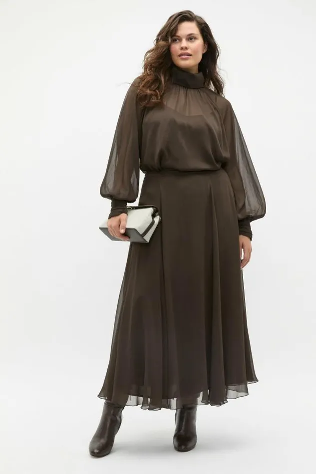 Women TShirts and Tops Seed Heritage Chiffon Mock Neck Blouse Dark Espresso