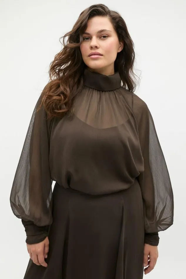 Women TShirts and Tops Seed Heritage Chiffon Mock Neck Blouse Dark Espresso