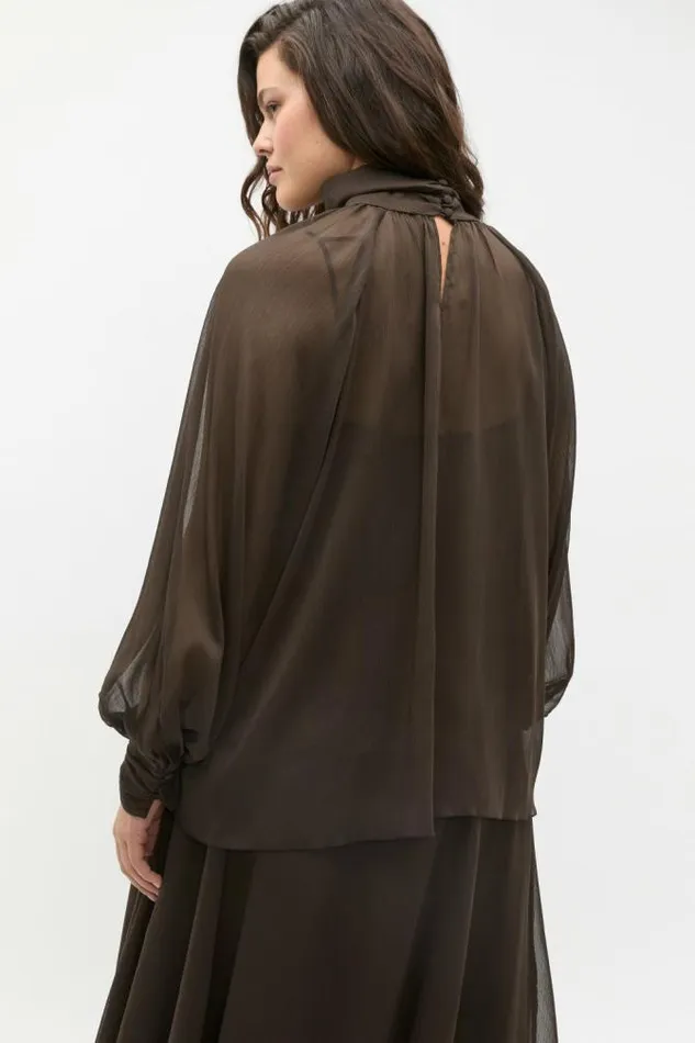 Women TShirts and Tops Seed Heritage Chiffon Mock Neck Blouse Dark Espresso
