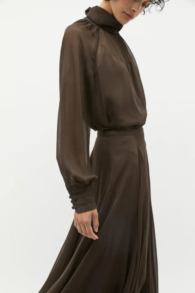 Women TShirts and Tops Seed Heritage Chiffon Mock Neck Blouse Dark Espresso