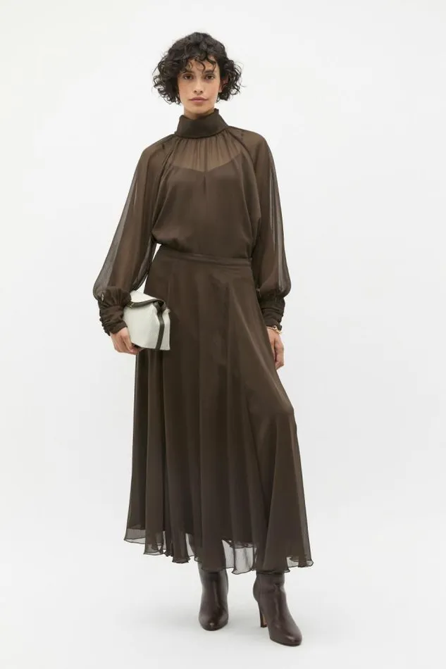 Women TShirts and Tops Seed Heritage Chiffon Mock Neck Blouse Dark Espresso