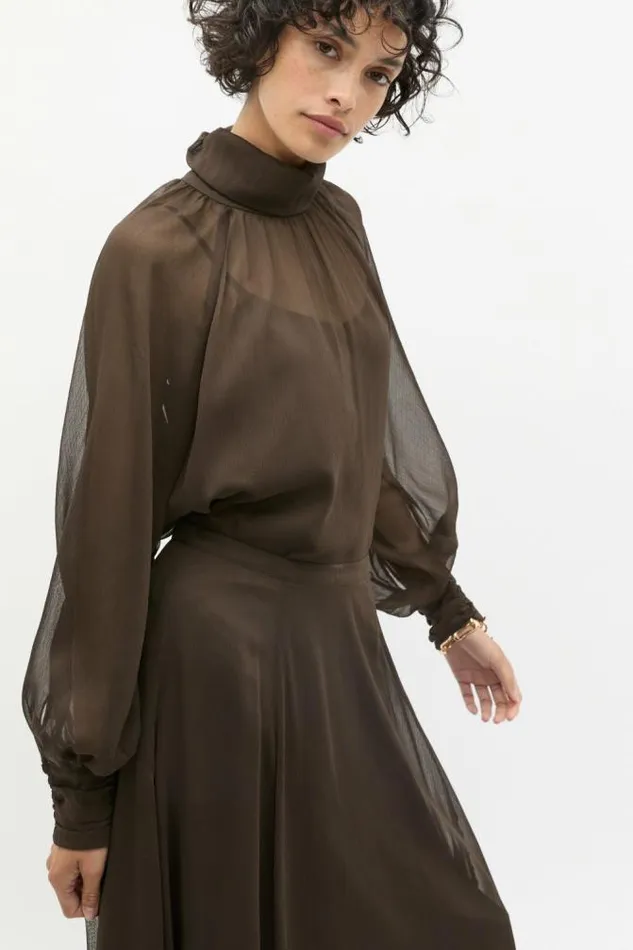 Women TShirts and Tops Seed Heritage Chiffon Mock Neck Blouse Dark Espresso