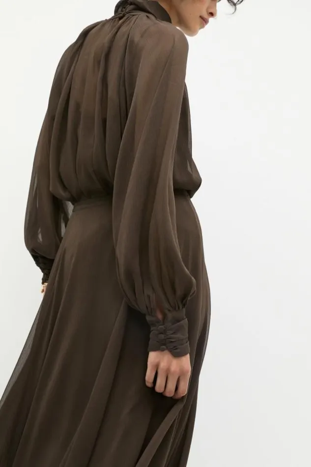 Women TShirts and Tops Seed Heritage Chiffon Mock Neck Blouse Dark Espresso