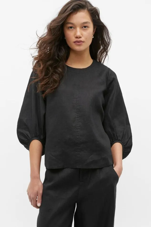 Women TShirts and Tops Seed Heritage Core Linen Balloon Sleeve Top Black