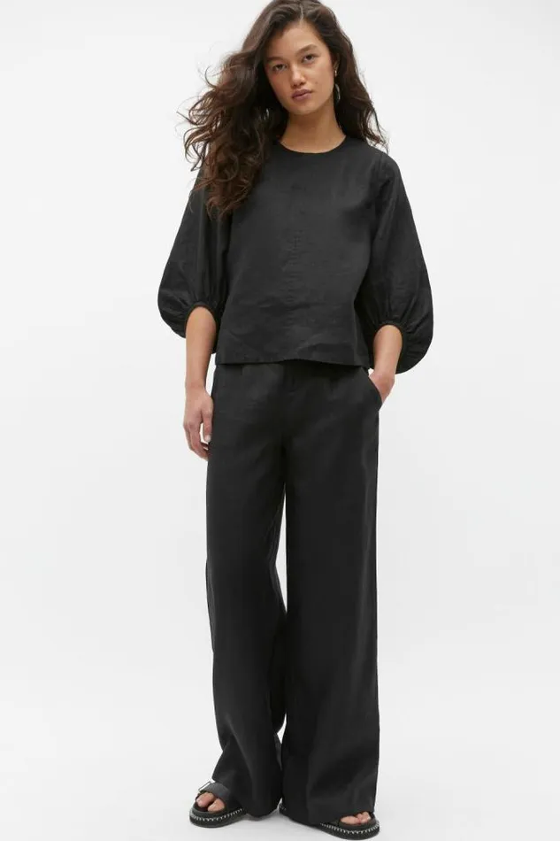 Women TShirts and Tops Seed Heritage Core Linen Balloon Sleeve Top Black