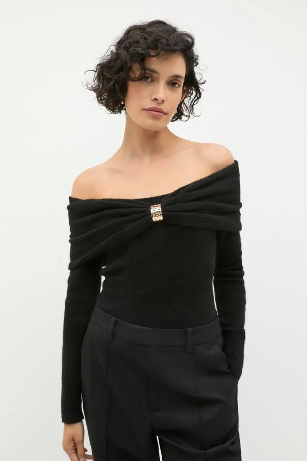 Women TShirts and Tops Seed Heritage Lofty Twist Off Shoulder Knit Black