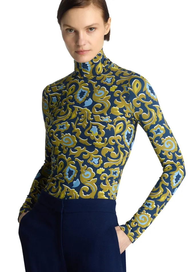 Women Tops and Shells St John Paisley Print Nuda Turtleneck Saddle Multi Women Tops and Shells St John Paisley Print Nuda Turtleneck Saddle Multi