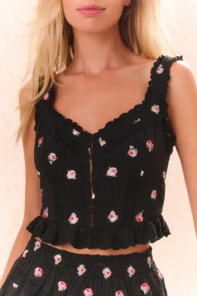 Women Tops LoveShackFancy Galette Embroidered Floral Top Black Combo