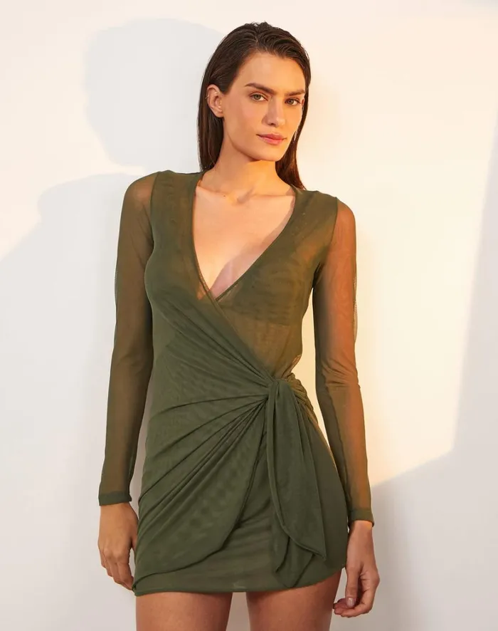 Women ViX Paula Hermanny Cover Ups Emily Long Sleeve Short Cover Up 8211 Evergreen