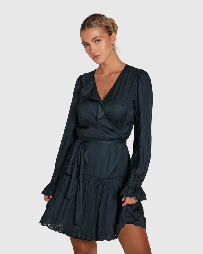 Women Wild Flower Embroidered Wrap Dress 8211 Navy Dresses Belle and Bloom