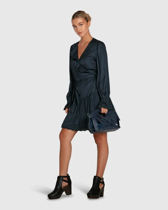 Women Wild Flower Embroidered Wrap Dress 8211 Navy Dresses Belle and Bloom