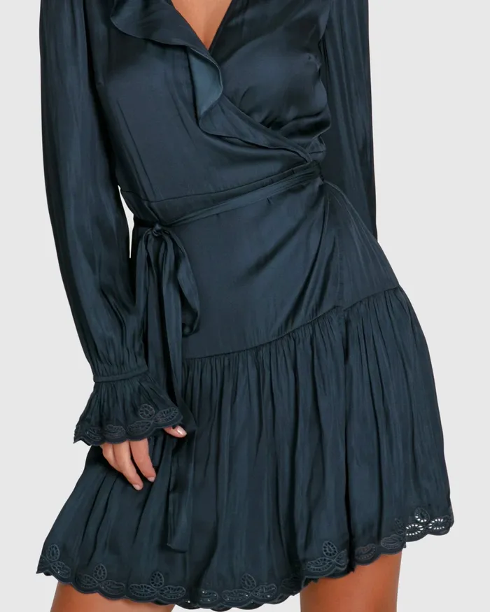 Women Wild Flower Embroidered Wrap Dress 8211 Navy Dresses Belle and Bloom