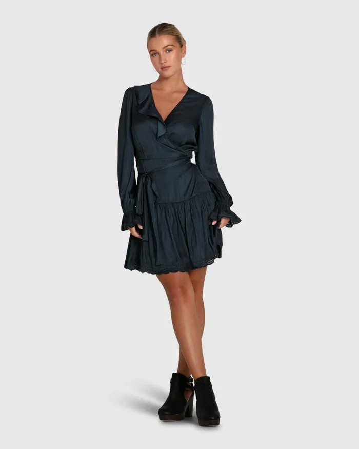Women Wild Flower Embroidered Wrap Dress 8211 Navy Dresses Belle and Bloom