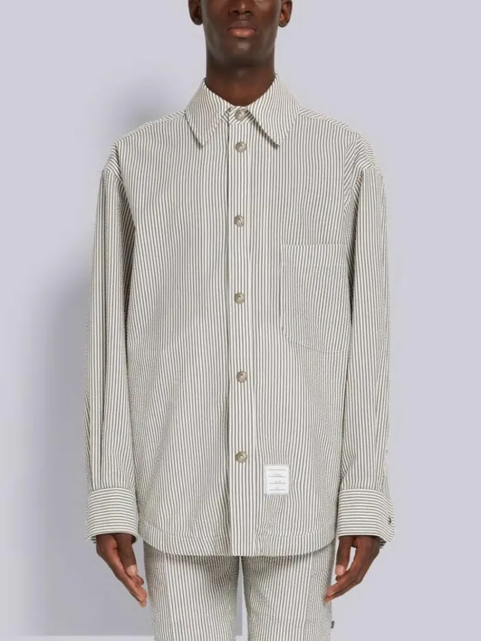 Wool Seersucker Stripe Grosgrain Placket Oversized Shirt Jacket Medium Grey Men Thom Browne Shirting Wool Seersucker Stripe Grosgrain Placket Oversized Shirt Jacket Medium Grey Men Thom Browne Shirting