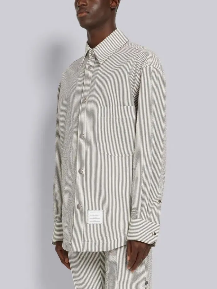 Wool Seersucker Stripe Grosgrain Placket Oversized Shirt Jacket Medium Grey Men Thom Browne Shirting