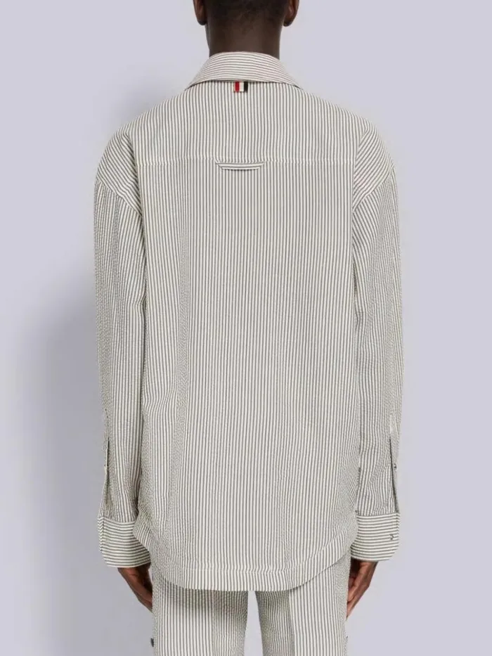 Wool Seersucker Stripe Grosgrain Placket Oversized Shirt Jacket Medium Grey Men Thom Browne Shirting
