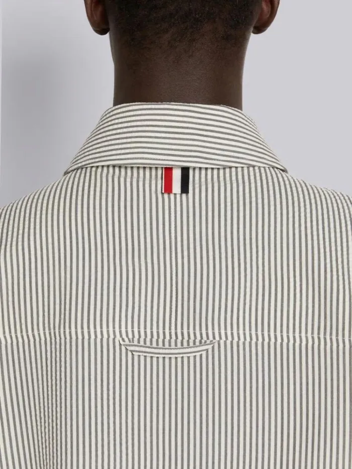 Wool Seersucker Stripe Grosgrain Placket Oversized Shirt Jacket Medium Grey Men Thom Browne Shirting