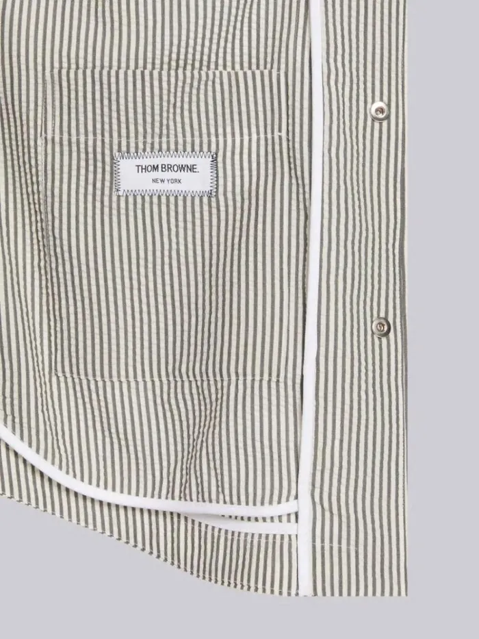 Wool Seersucker Stripe Grosgrain Placket Oversized Shirt Jacket Medium Grey Men Thom Browne Shirting