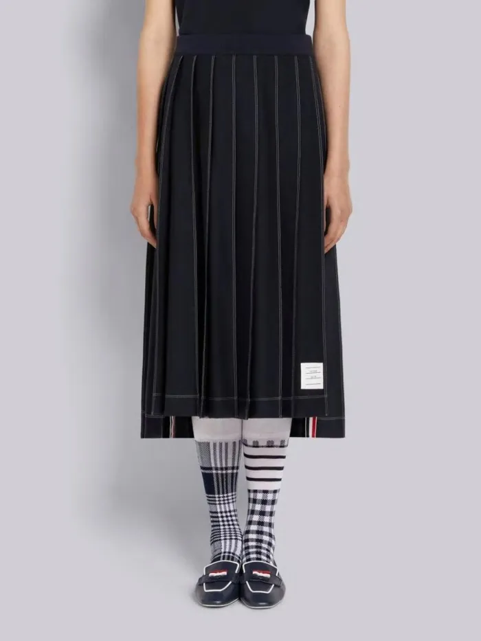 Wool Tech Milano Contrast Stitch Pleated Below The Knee Skirt Navy Women Thom Browne Skirts Wool Tech Milano Contrast Stitch Pleated Below The Knee Skirt Navy Women Thom Browne Skirts