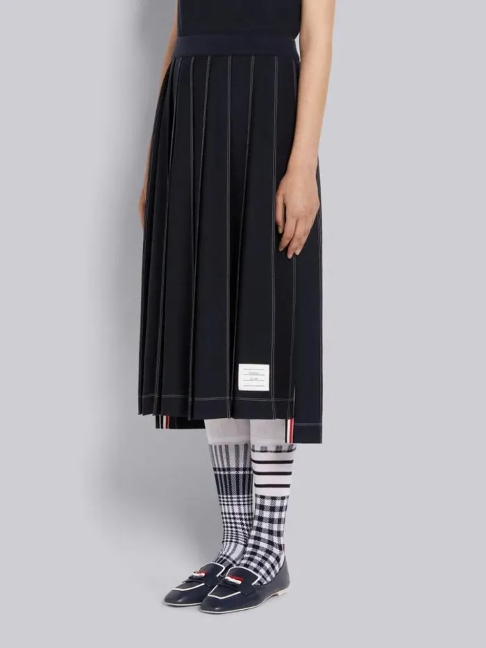 Wool Tech Milano Contrast Stitch Pleated Below The Knee Skirt Navy Women Thom Browne Skirts