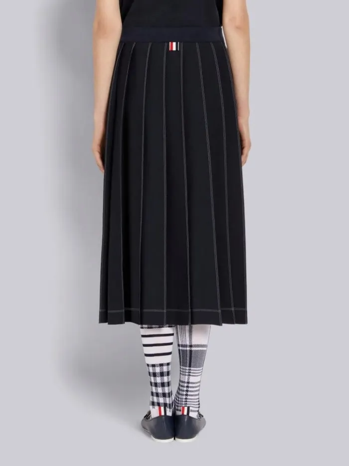 Wool Tech Milano Contrast Stitch Pleated Below The Knee Skirt Navy Women Thom Browne Skirts