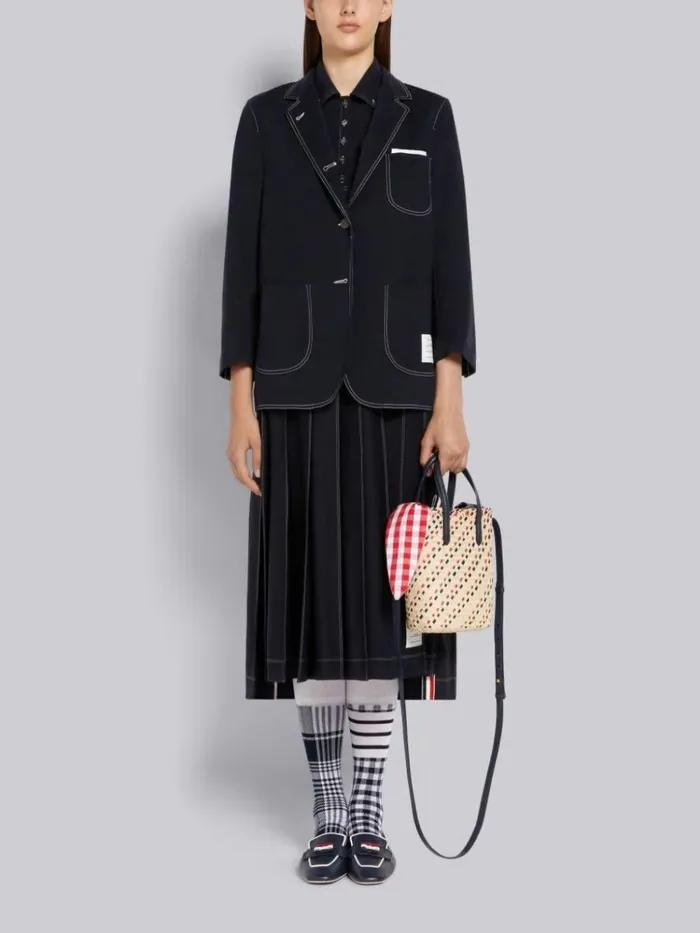 Wool Tech Milano Contrast Stitch Pleated Below The Knee Skirt Navy Women Thom Browne Skirts